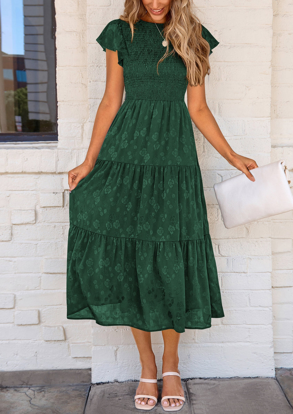 PRETTYGARDEN Midi Dress for Women Summer Floral Cap Sleeve Smocked Ruffle A Line Long Flowy Wedding Guest Dresses