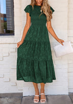 PRETTYGARDEN Midi Dress for Women Summer Floral Cap Sleeve Smocked Ruffle A Line Long Flowy Wedding Guest Dresses