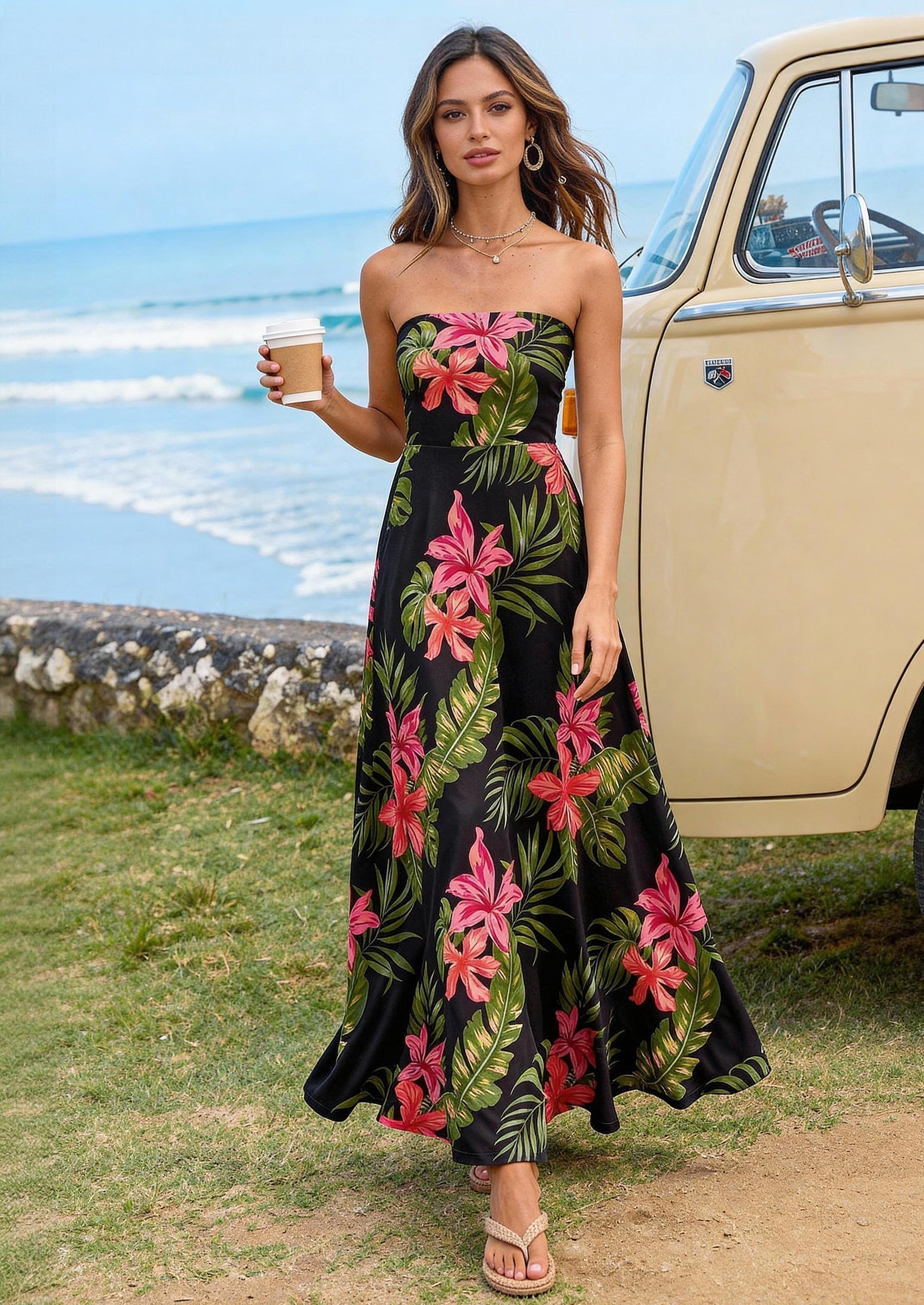 PRETTYGARDEN Sleeveless Floral Summer Maxi Dresses for Women Tube Top Flowy Long Dress Tropical Beach Vacation Clothes