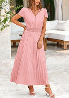 PRETTYGARDEN Women's Maxi Dresses Summer Trendy Cap Short Sleeve Button V Neck Casual Flowy Pleated Long Dress