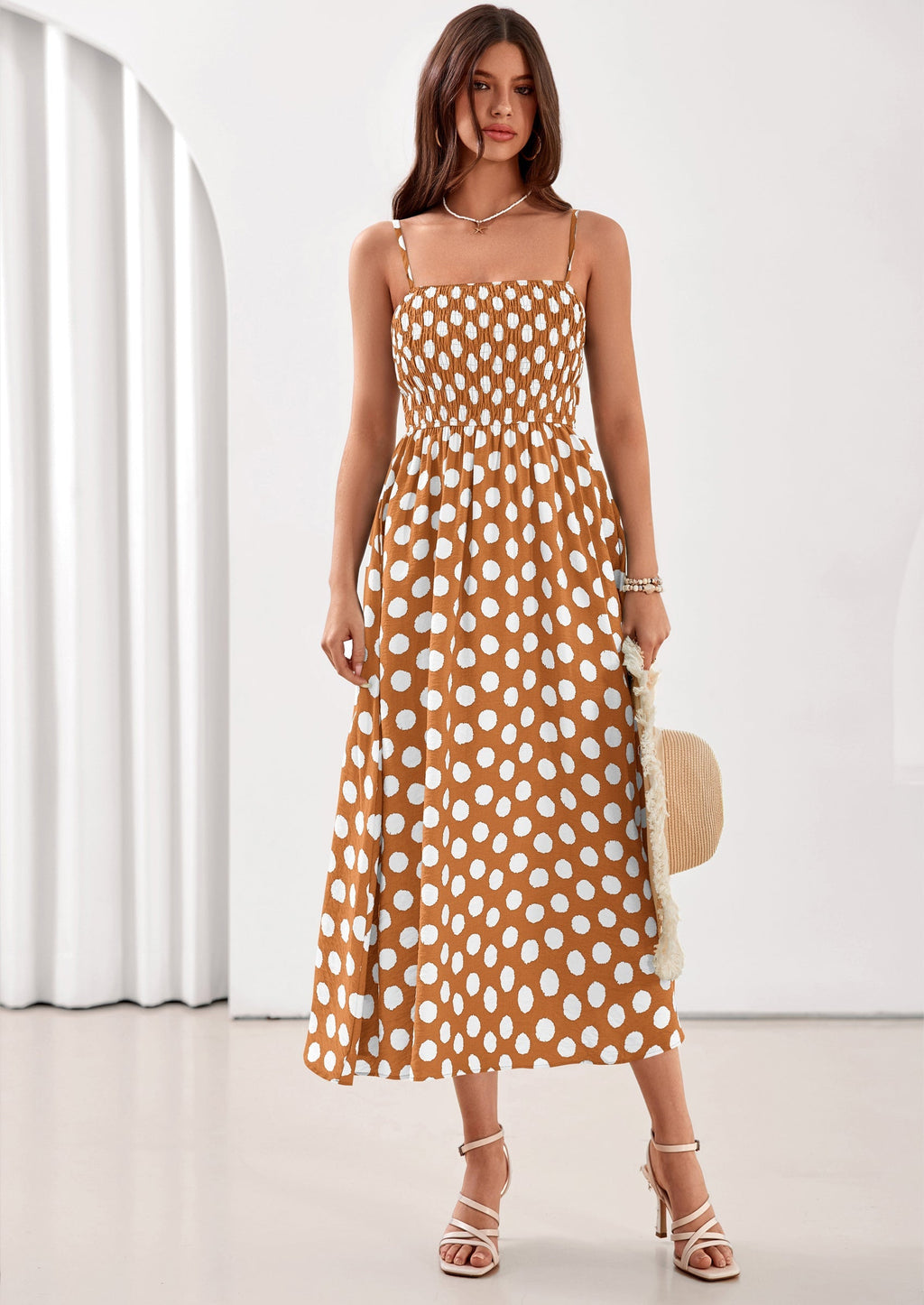 PRETTYGARDEN Womens Summer Dresses Spring Sleeveless Spaghetti Straps Casual Midi Dress Polka Dot Smocked Beach Sundress