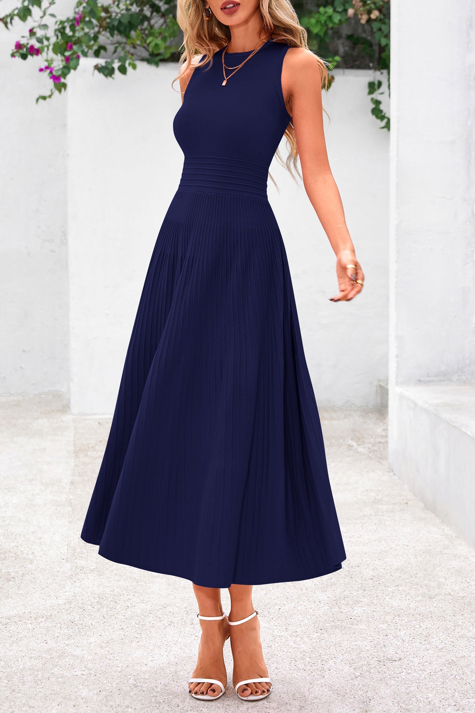 PRETTYGARDEN Spring Casual Dresses for Women Summer Business Work Midi Sleeveless A Line Pleated Cocktail Dress