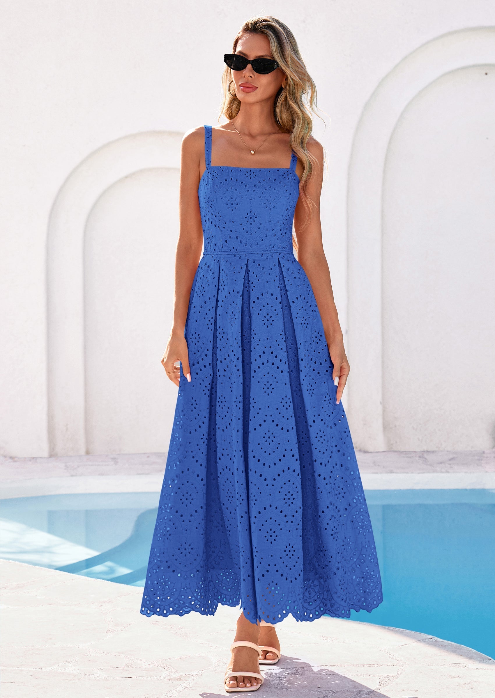 PRETTYGARDEN Womens Sleeveless Maxi Summer Dresses Hollow Out Eyelet Square Neck Ruffle Flowy Beach Vacation Sundress