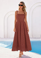 PRETTYGARDEN Womens Sleeveless Maxi Summer Dresses Hollow Out Eyelet Square Neck Ruffle Flowy Beach Vacation Sundress