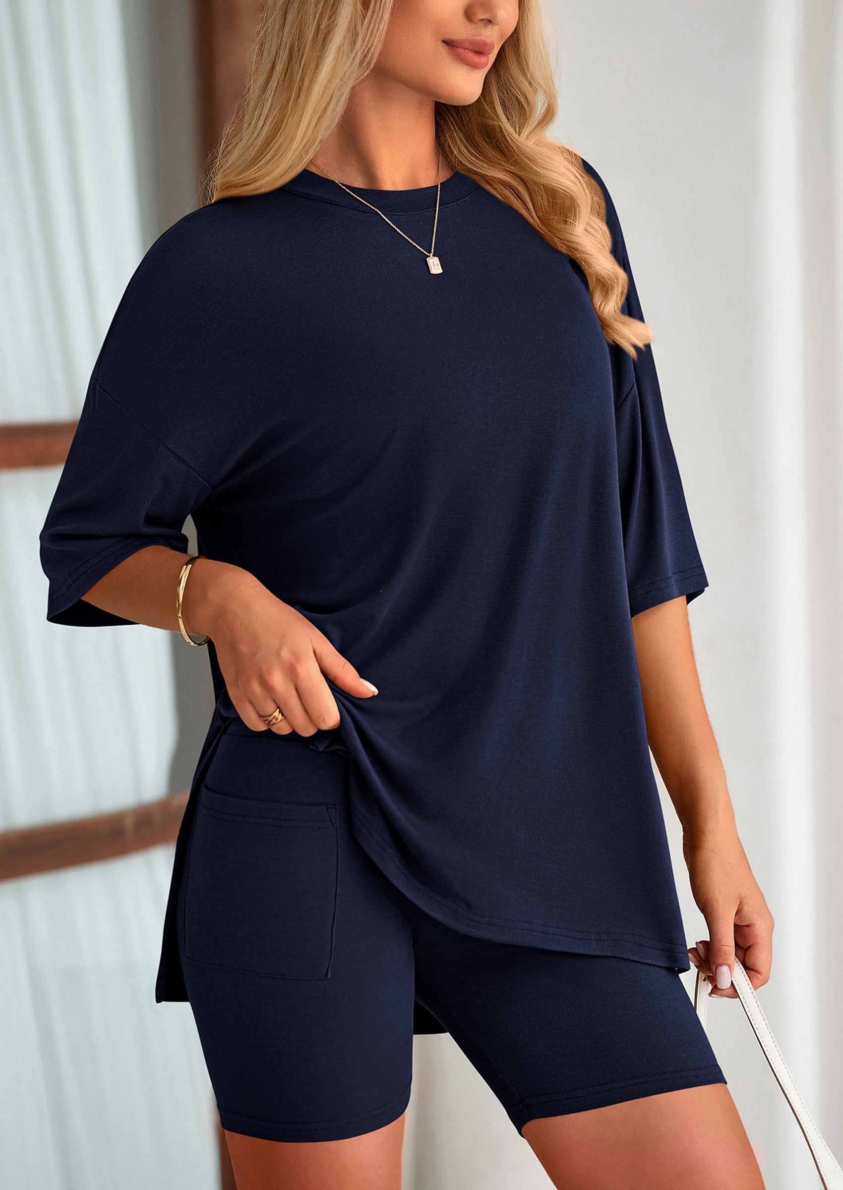 PRETTYGARDEN Women's Two Piece Lounge Set Summer Casual Oversized Shirts Biker Shorts Matching Airport Travel Outfit