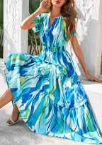 PRETTYGARDEN Women's Boho Maxi Dresses Floral Short Sleeve V Neck A Line Tiered Flowy Long Beach Vacation Dress