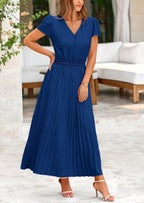 PRETTYGARDEN Women's Maxi Dresses Summer Trendy Cap Short Sleeve Button V Neck Casual Flowy Pleated Long Dress