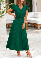 PRETTYGARDEN Women's Maxi Dresses Summer Trendy Cap Short Sleeve Button V Neck Casual Flowy Pleated Long Dress