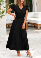 PRETTYGARDEN Women's Maxi Dresses Summer Trendy Cap Short Sleeve Button V Neck Casual Flowy Pleated Long Dress