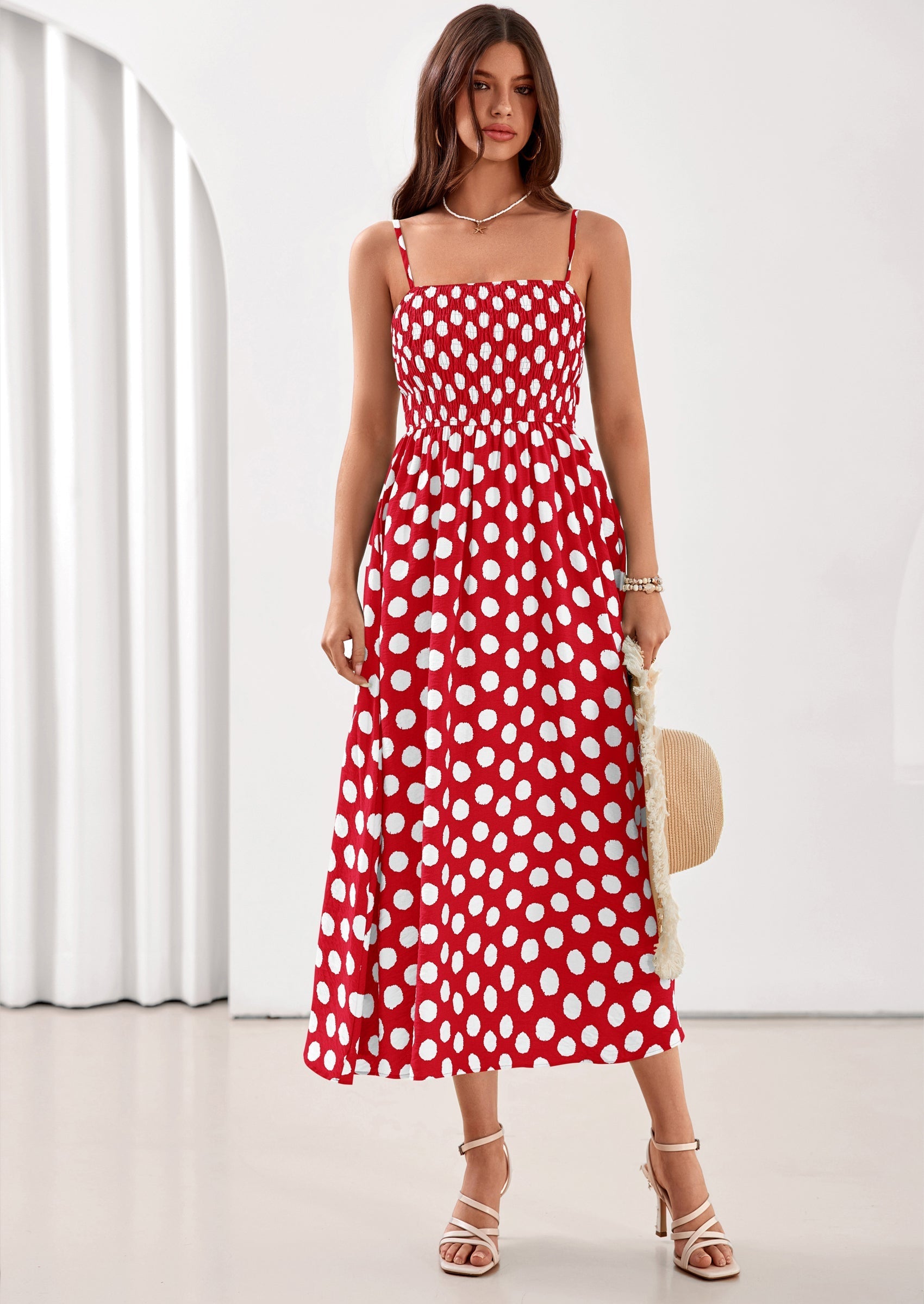 PRETTYGARDEN Womens Summer Dresses Spring Sleeveless Spaghetti Straps Casual Midi Dress Polka Dot Smocked Beach Sundress