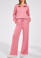 PRETTYGARDEN Women's 2 Piece Outfits Casual Lapel Half Zip Sweatshirts And Wide Leg Pants Tracksuit Sets