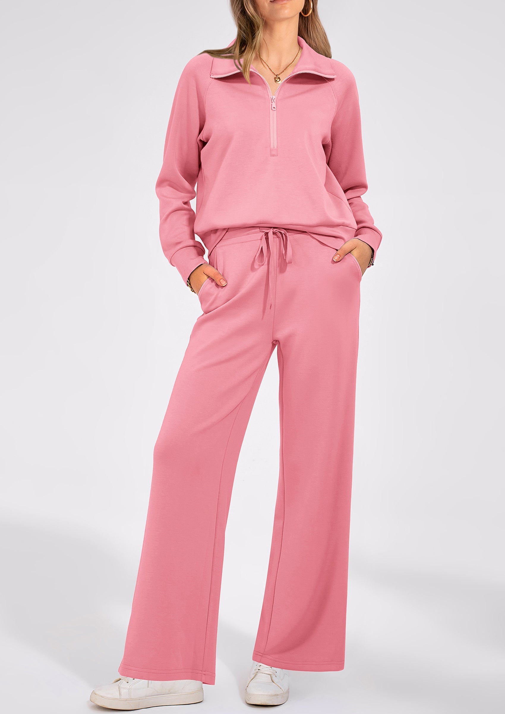 PRETTYGARDEN Women's 2 Piece Outfits Casual Lapel Half Zip Sweatshirts And Wide Leg Pants Tracksuit Sets