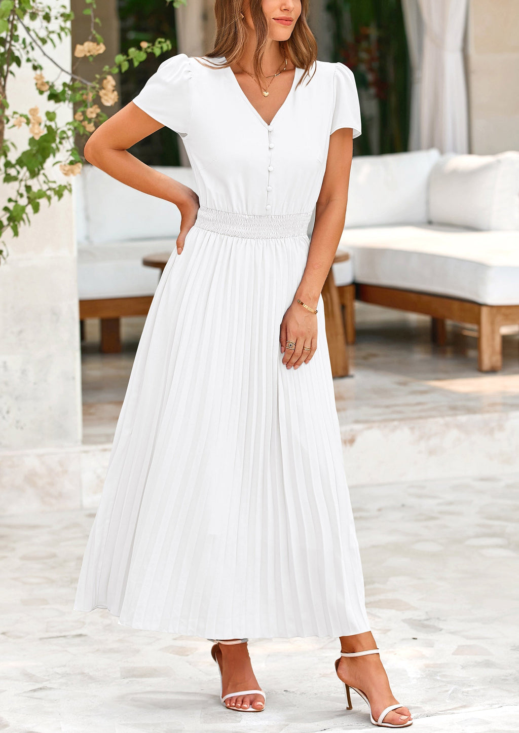 PRETTYGARDEN Women's Maxi Dresses Summer Trendy Cap Short Sleeve Button V Neck Casual Flowy Pleated Long Dress