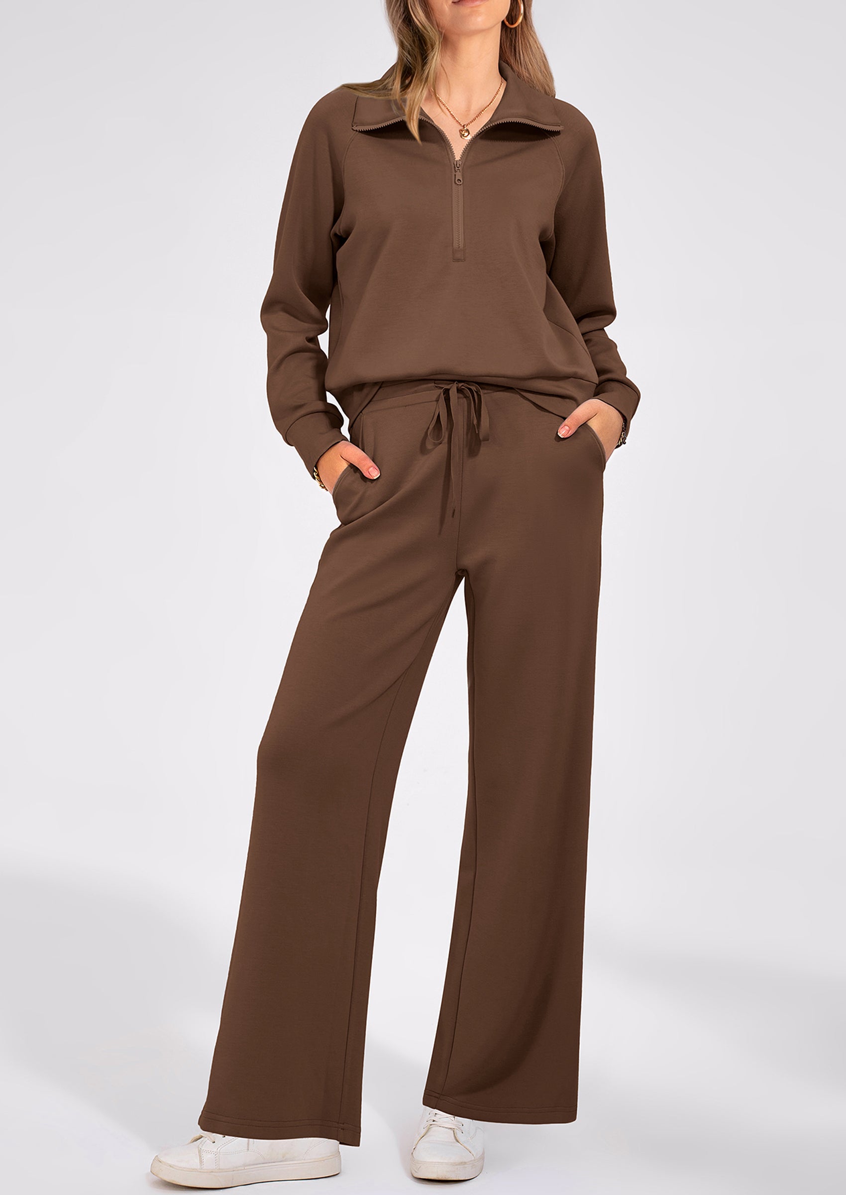 PRETTYGARDEN Women's 2 Piece Outfits Casual Lapel Half Zip Sweatshirts And Wide Leg Pants Tracksuit Sets