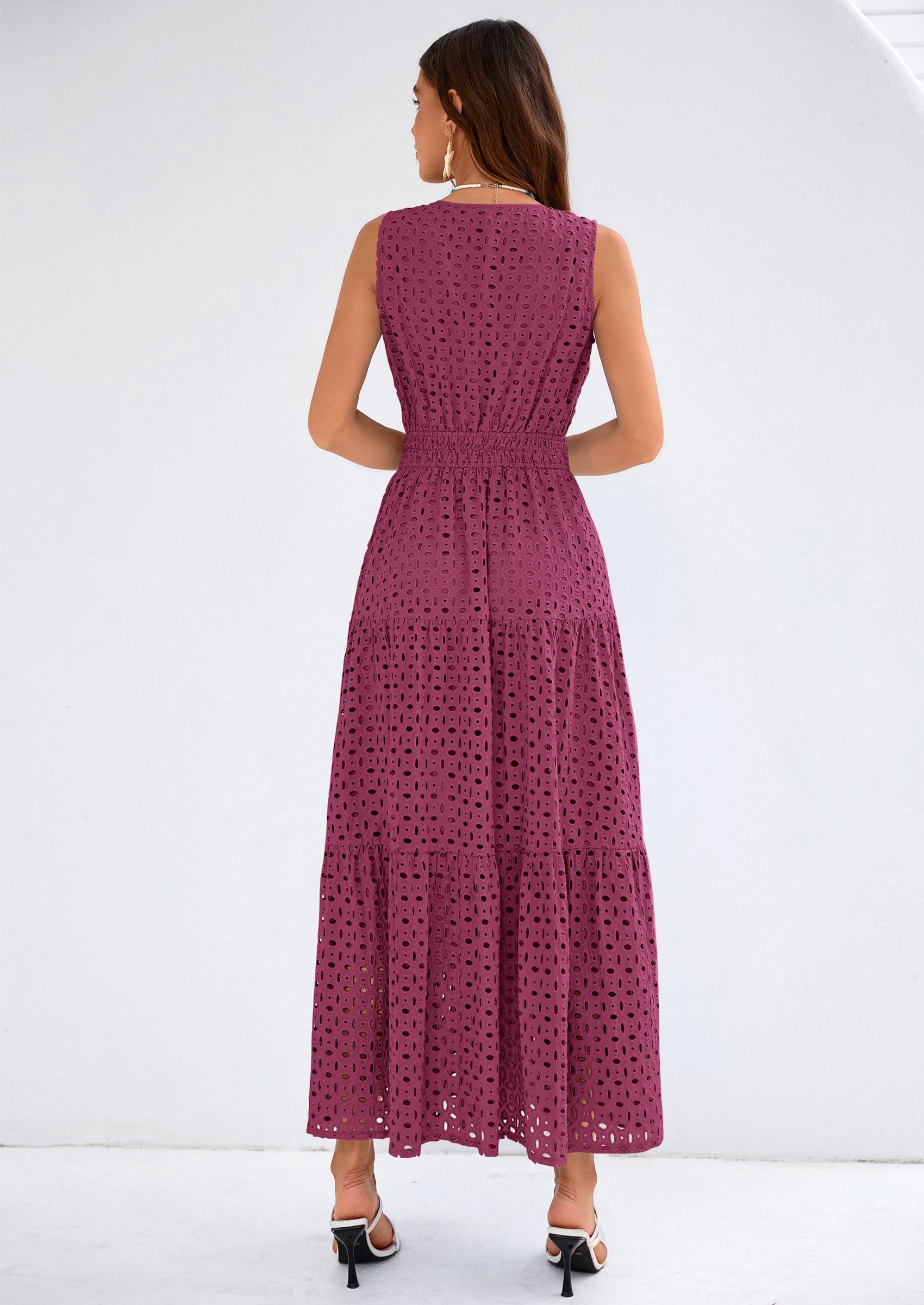 PRETTYGARDEN Summer Dresses for Women Sundresses Sleeveless V Neck Eyelet A Line Flowy Beach Vacation Spring Maxi Dress