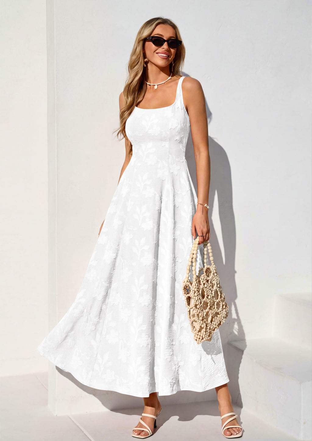 PRETTYGARDEN Womens Summer Maxi Dresses Casual Sleeveless Square Neck Jacquard Flowy Wedding Guest Beach Boho Long Dress