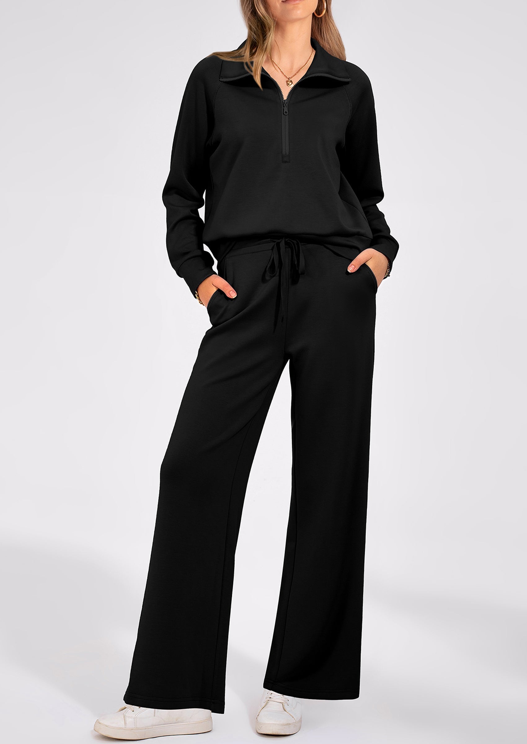 PRETTYGARDEN Women's 2 Piece Outfits Casual Lapel Half Zip Sweatshirts And Wide Leg Pants Tracksuit Sets