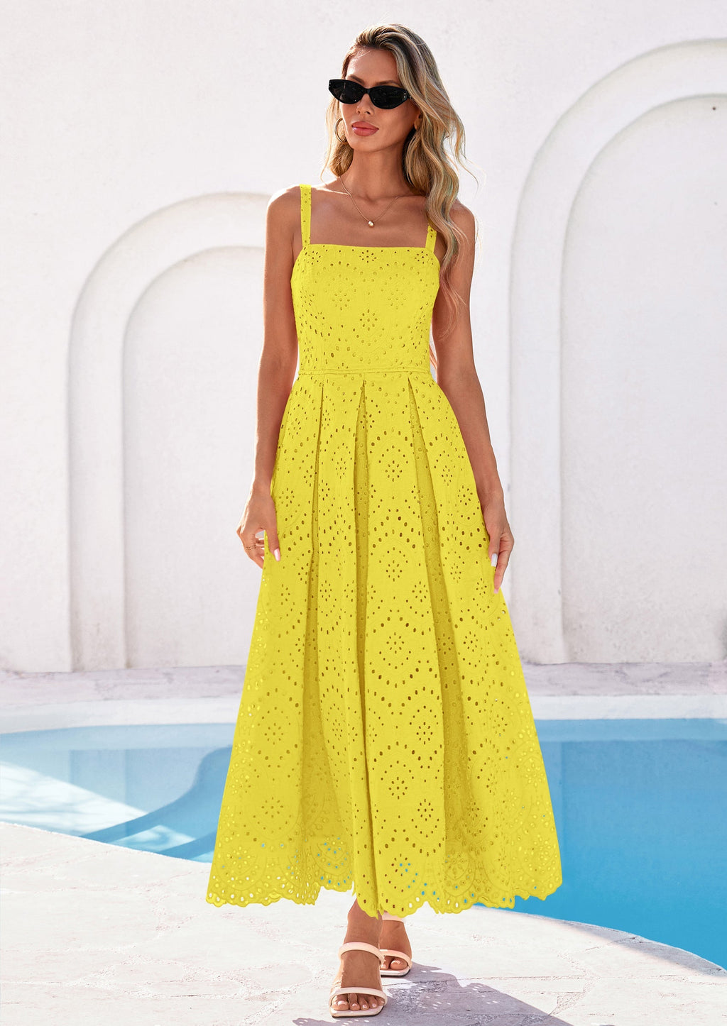 PRETTYGARDEN Womens Sleeveless Maxi Summer Dresses Hollow Out Eyelet Square Neck Ruffle Flowy Beach Vacation Sundress