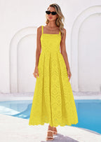 PRETTYGARDEN Womens Sleeveless Maxi Summer Dresses Hollow Out Eyelet Square Neck Ruffle Flowy Beach Vacation Sundress