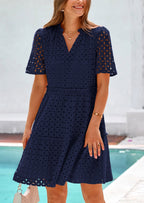 PRETTYGARDEN Women's Short Sleeve Mini Dress Summer V Neck Hollow Out Eyelet Ruffle A Line Swing Short Dresses