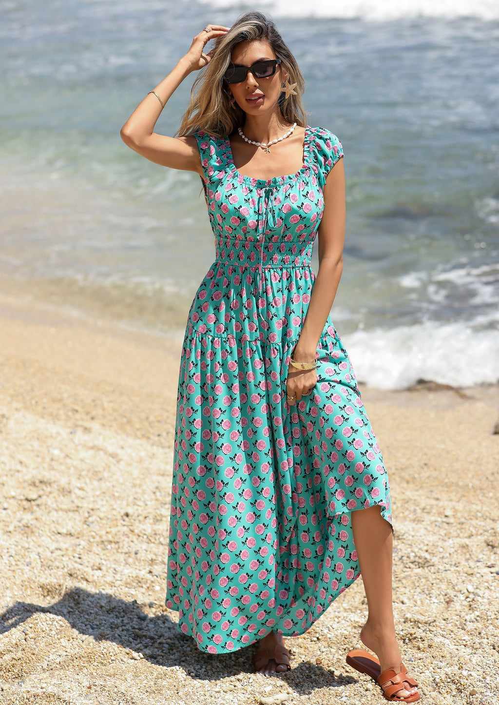 PRETTYGARDEN Women's Boho Maxi Dress Summer Cap Sleeve Long Flowy Beach Vacation Floral Sundresses Spring Resort Wear