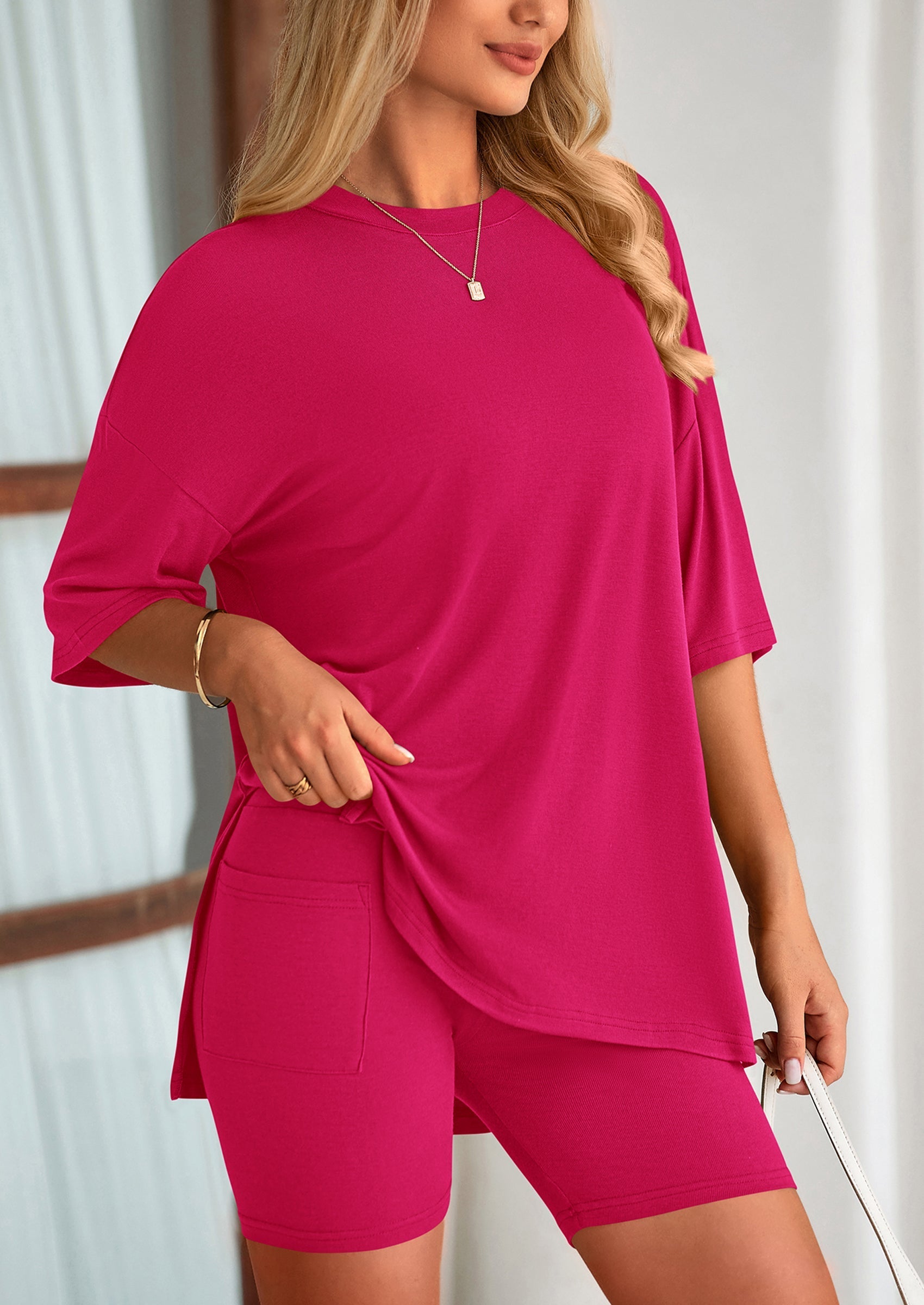 PRETTYGARDEN Women's Two Piece Lounge Set Summer Casual Oversized Shirts Biker Shorts Matching Airport Travel Outfit