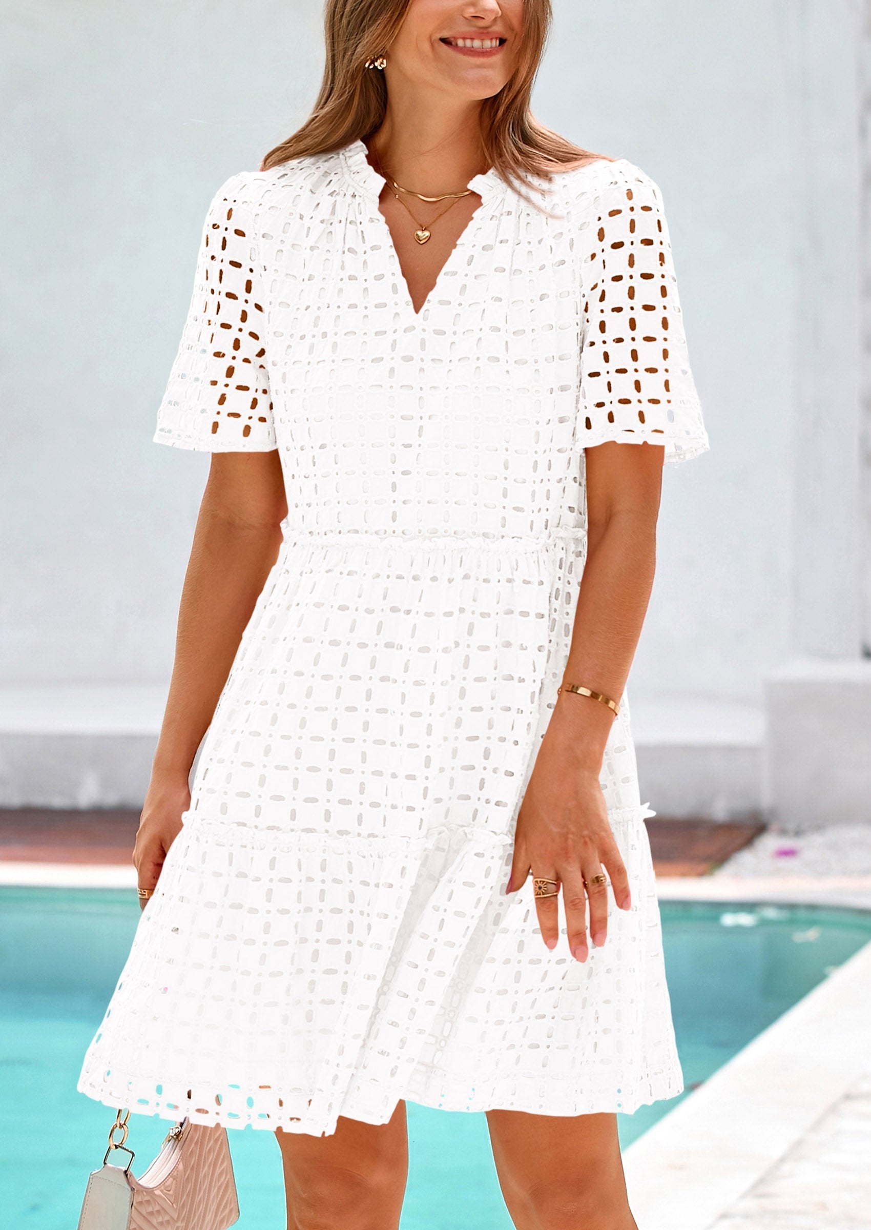 PRETTYGARDEN Women's Short Sleeve Mini Dress Summer V Neck Hollow Out Eyelet Ruffle A Line Swing Short Dresses