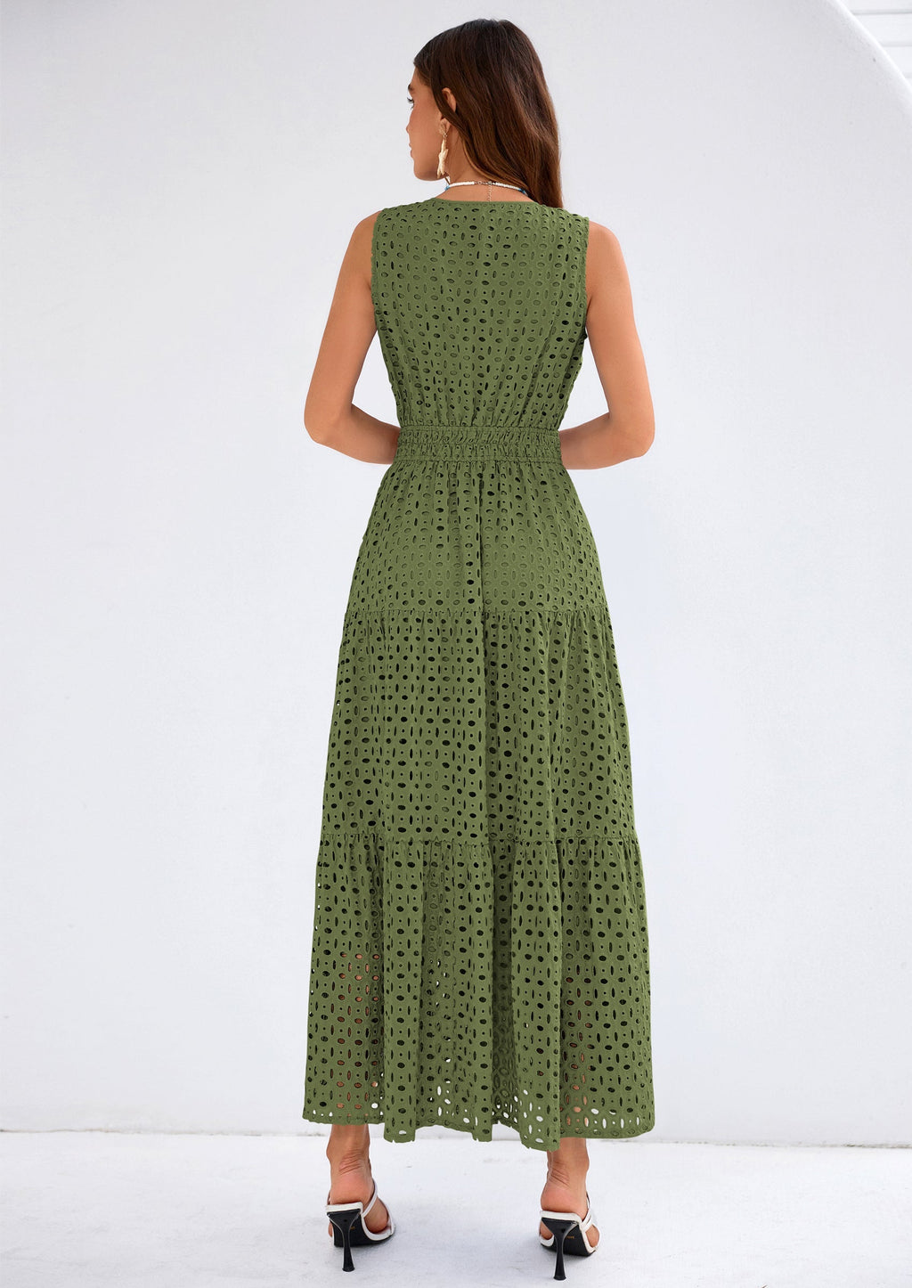 PRETTYGARDEN Summer Dresses for Women Sundresses Sleeveless V Neck Eyelet A Line Flowy Beach Vacation Spring Maxi Dress