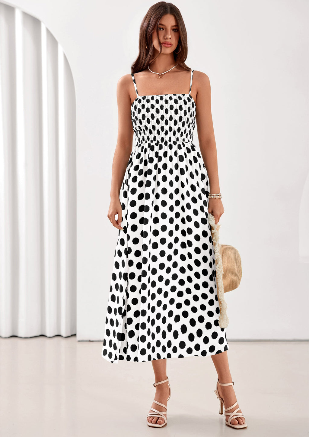 PRETTYGARDEN Womens Summer Dresses Spring Sleeveless Spaghetti Straps Casual Midi Dress Polka Dot Smocked Beach Sundress