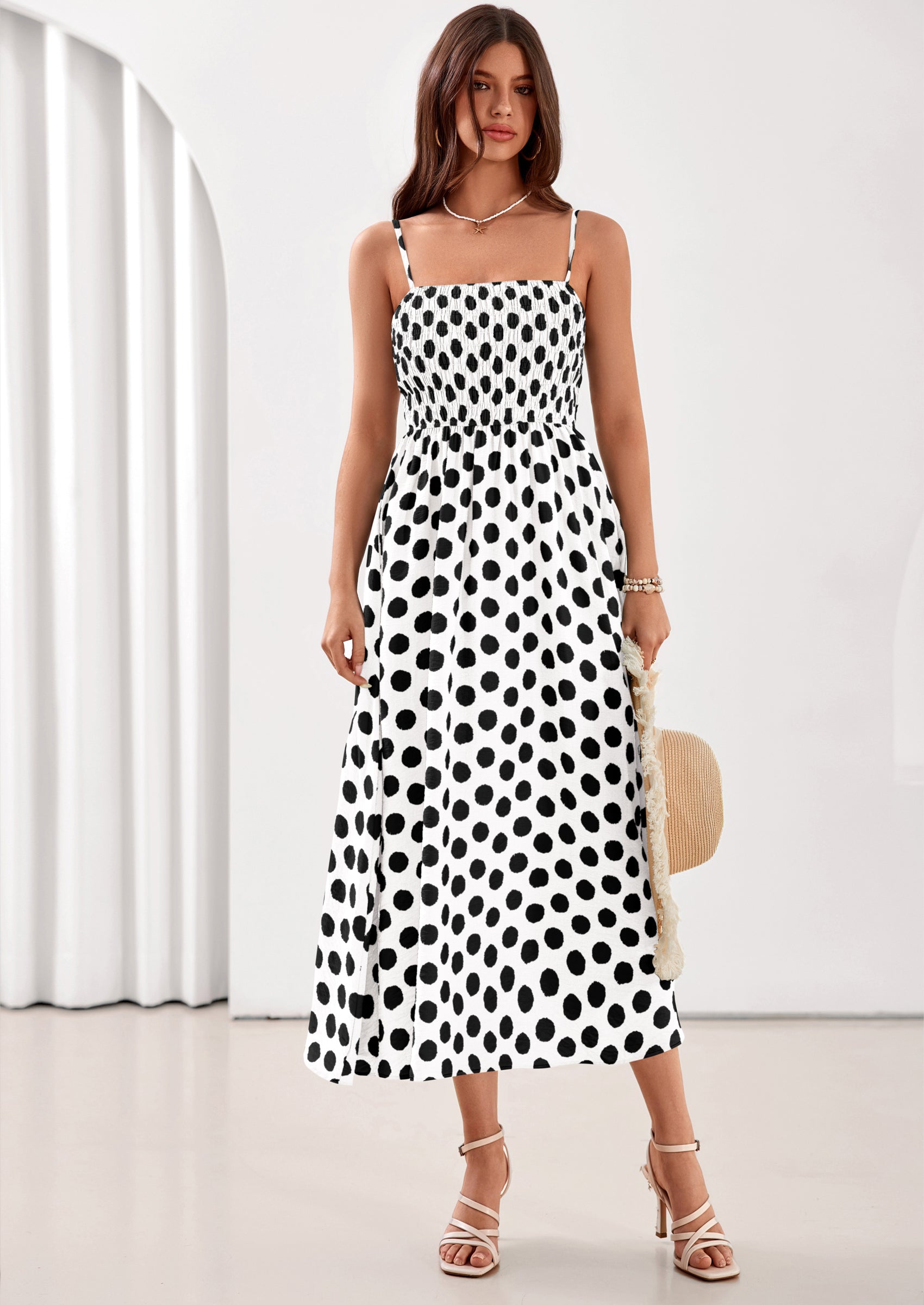 PRETTYGARDEN Womens Summer Dresses Spring Sleeveless Spaghetti Straps Casual Midi Dress Polka Dot Smocked Beach Sundress