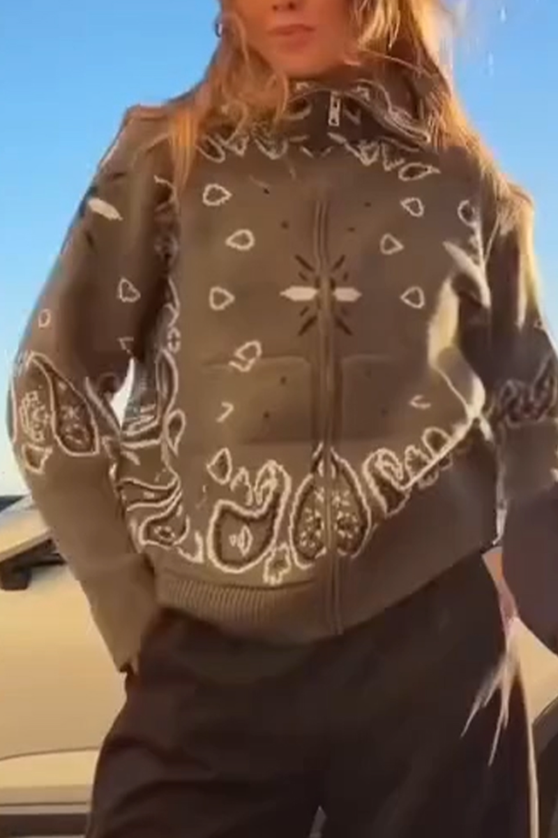 Women Standing Collar Printed Casual Coat