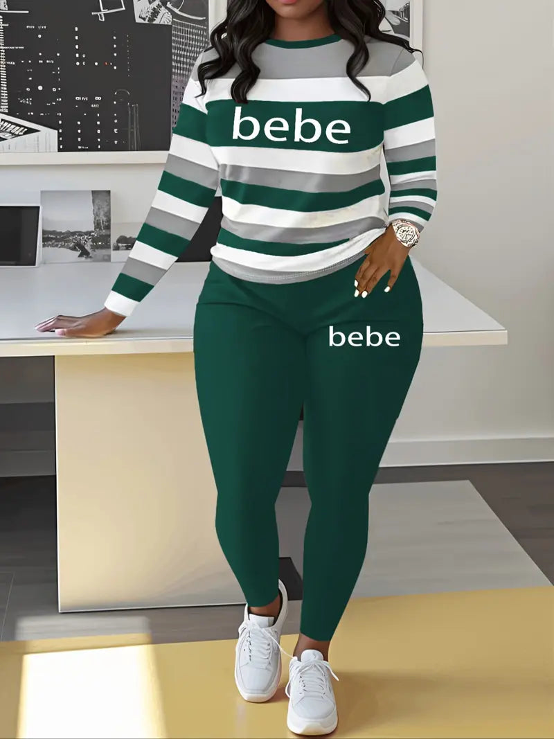 Women's Striped 'Bebe' Letter Print Round Neck Long Sleeve Top and Pants Set