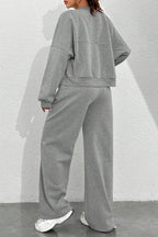 Zipper Long Sleeve Track Jacket Solid Color Wide Leg Pants Set-Black