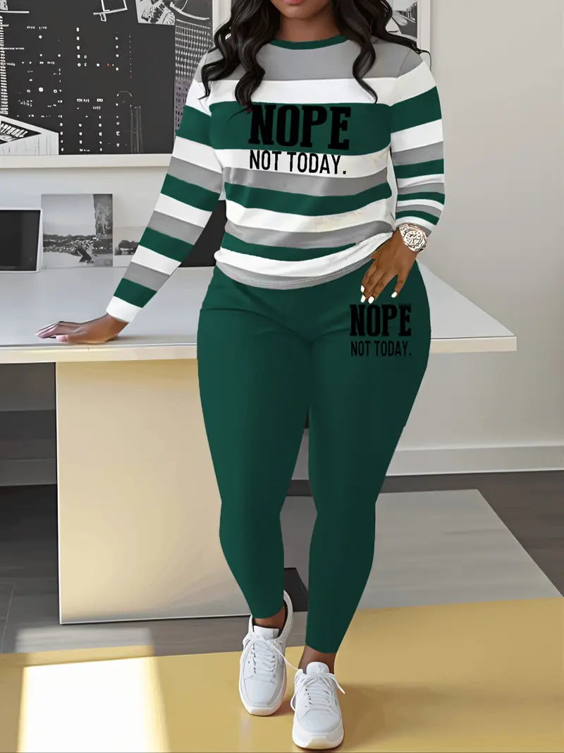 Two-piece Set Women's Striped and Letter Print Tee & Elastic Waist Pants