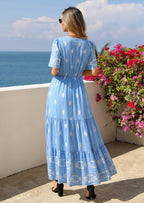 PRETTYGARDEN Womens Summer Boho Maxi Dress Trendy Short Sleeve V Neck Flowy Beach Floral Dresses with Pockets