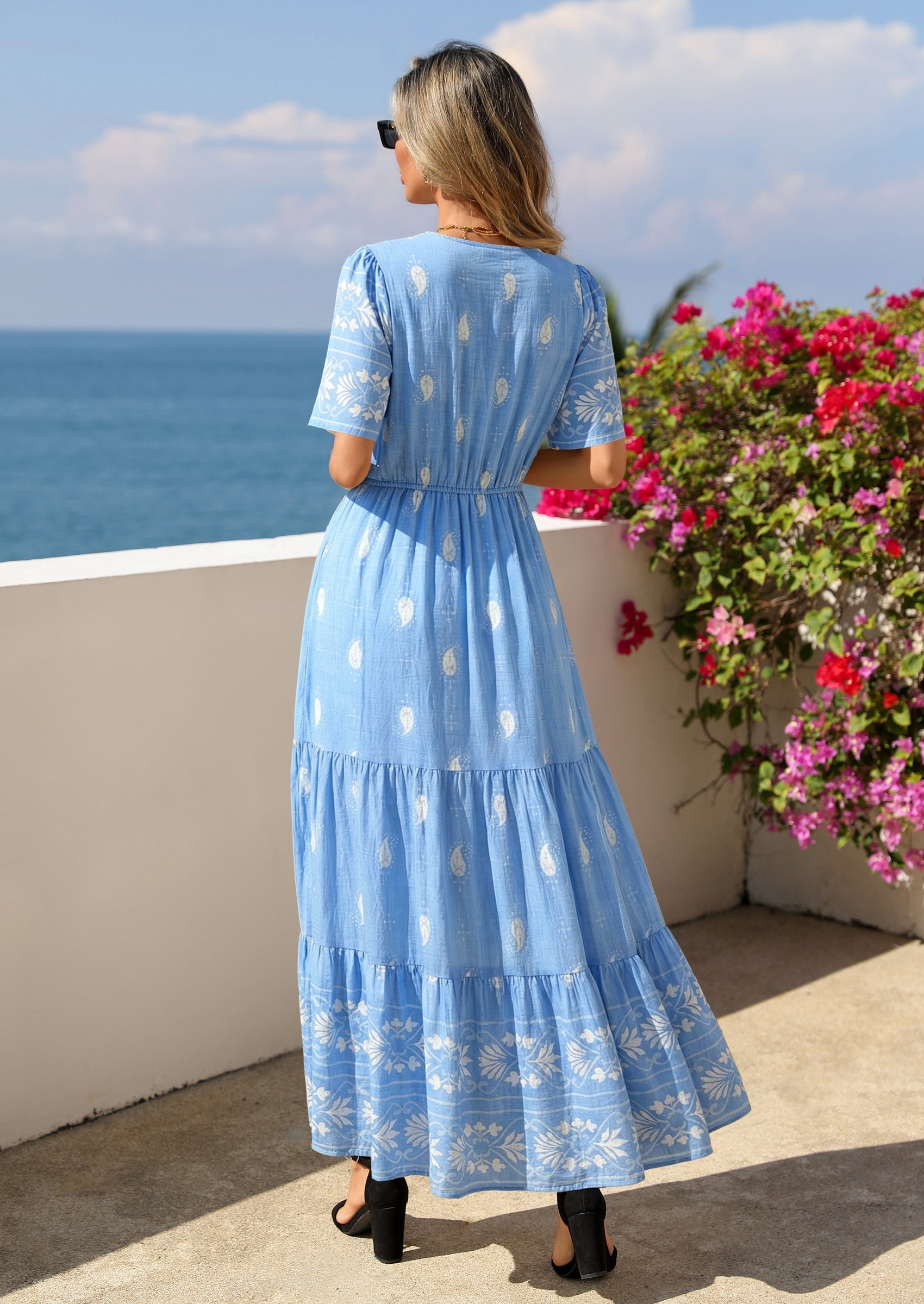 PRETTYGARDEN Womens Summer Boho Maxi Dress Trendy Short Sleeve V Neck Flowy Beach Floral Dresses with Pockets