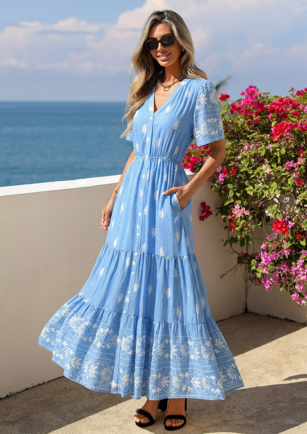 PRETTYGARDEN Womens Summer Boho Maxi Dress Trendy Short Sleeve V Neck Flowy Beach Floral Dresses with Pockets