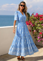 PRETTYGARDEN Womens Summer Boho Maxi Dress Trendy Short Sleeve V Neck Flowy Beach Floral Dresses with Pockets