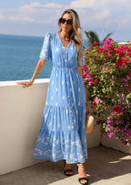 PRETTYGARDEN Womens Summer Boho Maxi Dress Trendy Short Sleeve V Neck Flowy Beach Floral Dresses with Pockets
