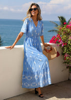 PRETTYGARDEN Womens Summer Boho Maxi Dress Trendy Short Sleeve V Neck Flowy Beach Floral Dresses with Pockets