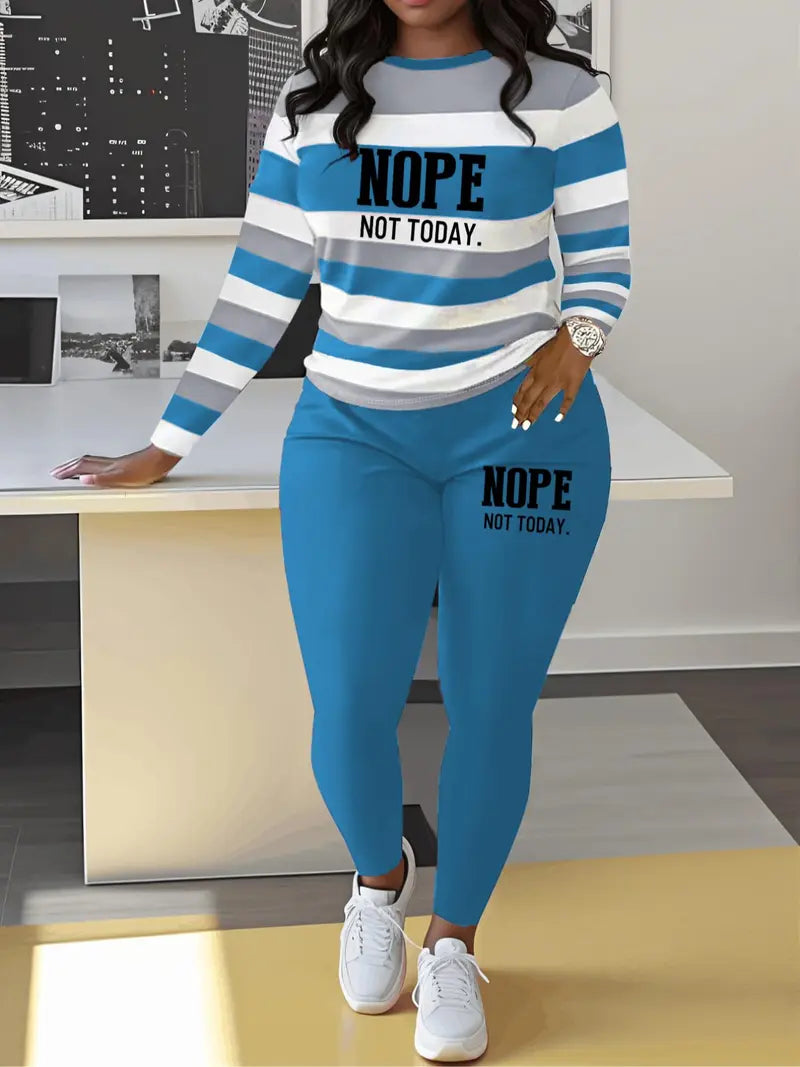 Two-piece Set Women's Striped and Letter Print Tee & Elastic Waist Pants