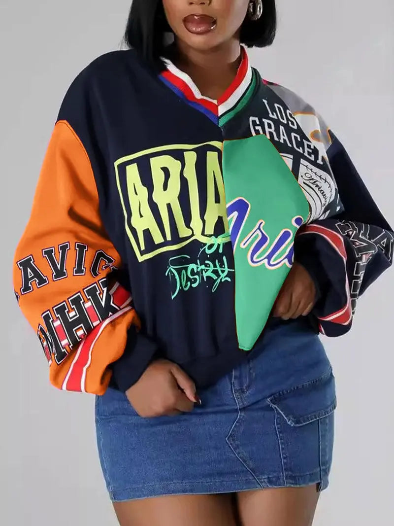 Women's Colorblock Letter Print Drop Shoulder Pullover