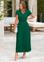 PRETTYGARDEN Women's Maxi Dresses Summer Trendy Cap Short Sleeve Button V Neck Casual Flowy Pleated Long Dress