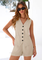PRETTYGARDEN 2 Piece Sets for Women Spring Fashion Button Vest Tops High Waist Shorts Summer Business Casual Outfits