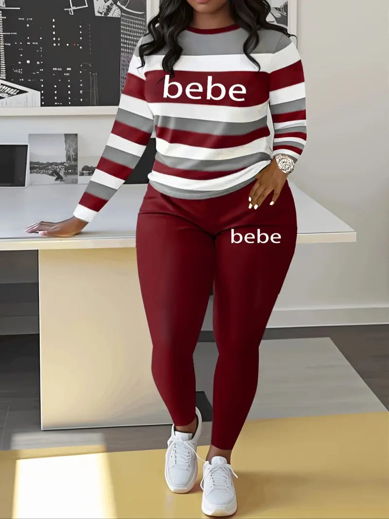 Women's Striped 'Bebe' Letter Print Round Neck Long Sleeve Top and Pants Set