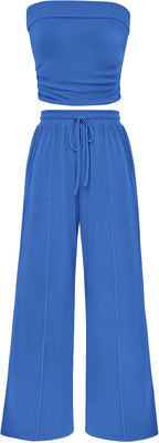PRETTYGARDEN 2 Piece Sets Casual Ribbed Knit Crop Tube Top Wide Leg Pants Lounge Set