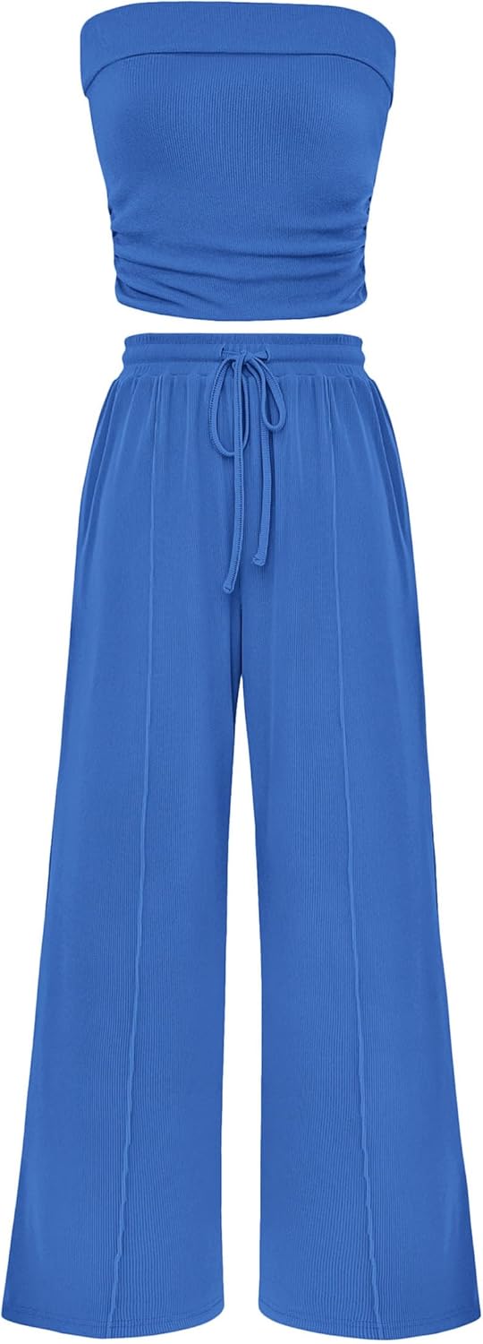 PRETTYGARDEN 2 Piece Sets Casual Ribbed Knit Crop Tube Top Wide Leg Pants Lounge Set