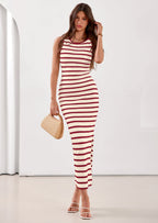 PRETTYGARDEN Sundresses for Women Summer Striped Knit Side Slit Spring Fashion Bodycon Maxi Dress Beach Vacation Clothes
