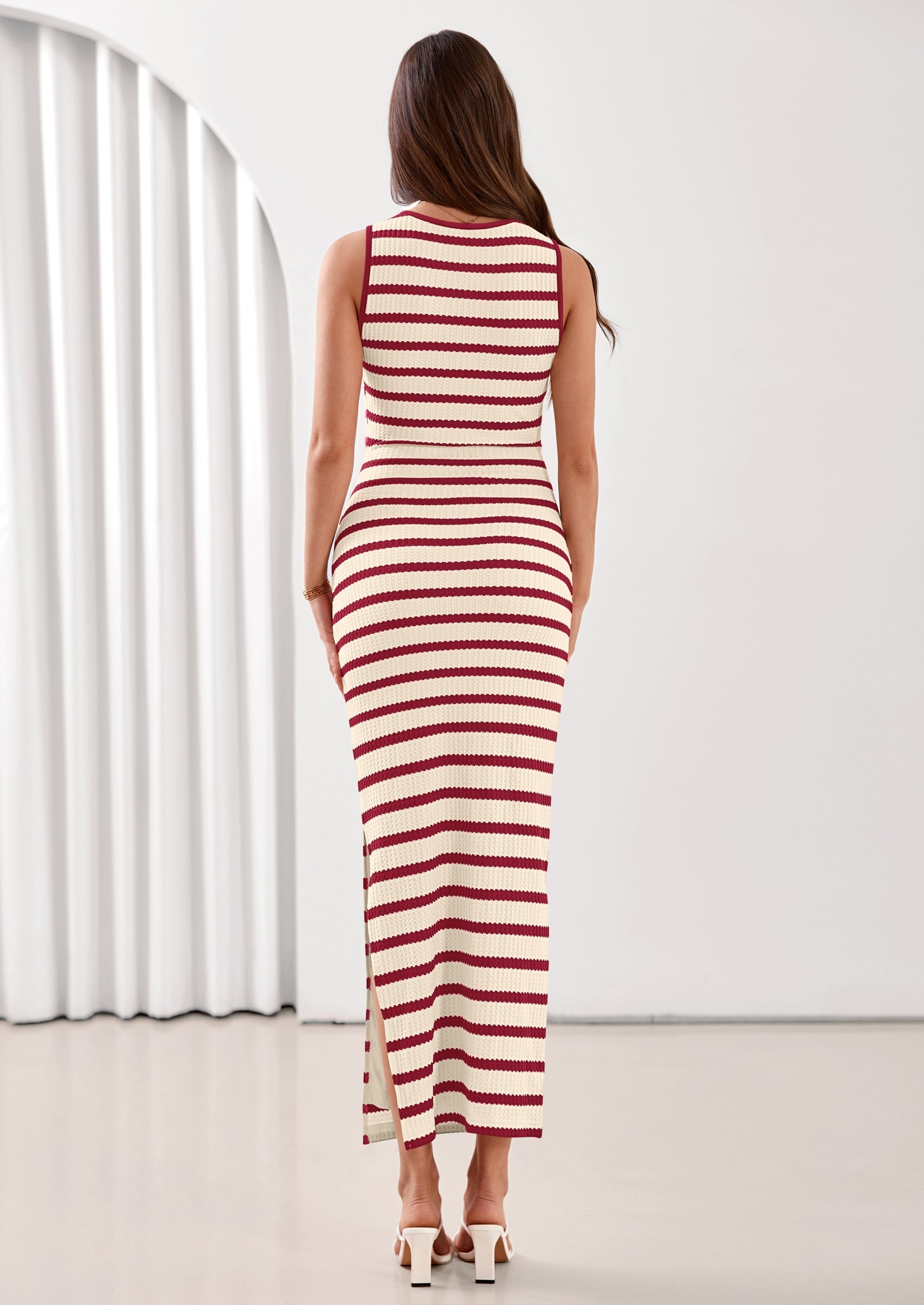 PRETTYGARDEN Sundresses for Women Summer Striped Knit Side Slit Spring Fashion Bodycon Maxi Dress Beach Vacation Clothes