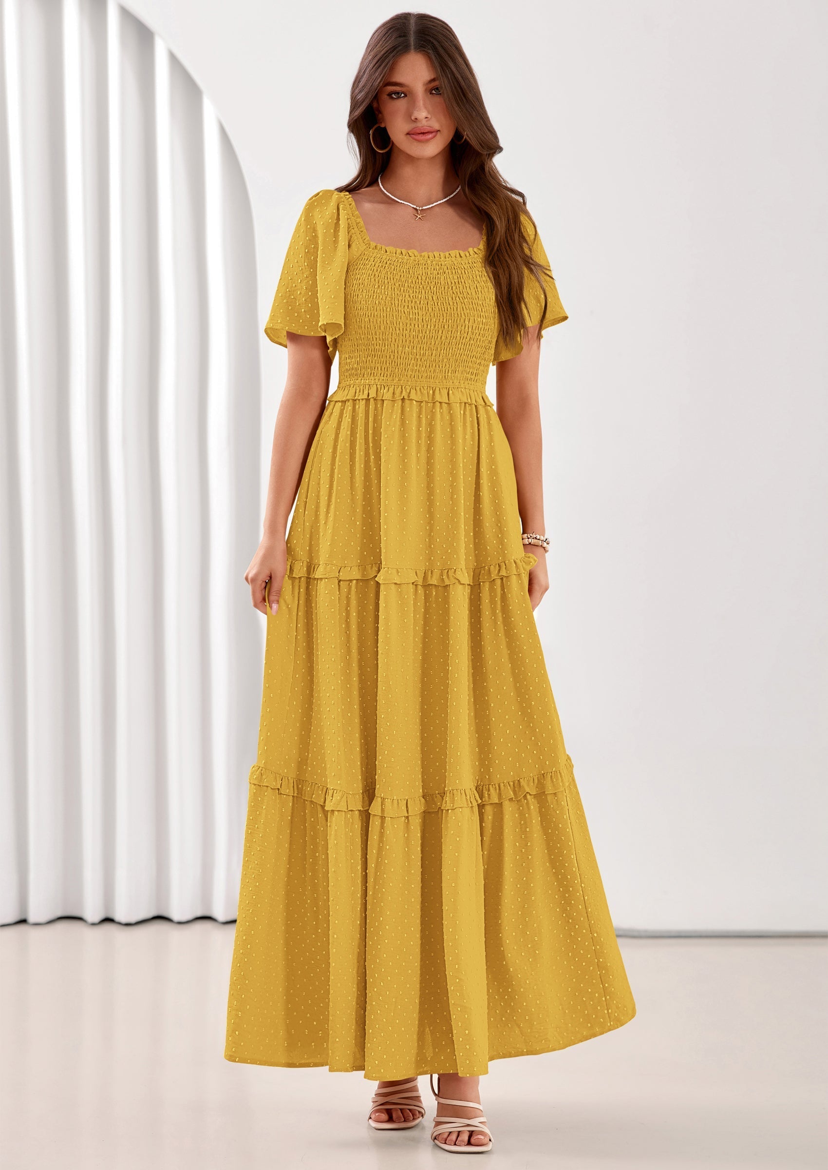 PRETTYGARDEN Summer Dresses for Women Boho Swiss Dot Smocked Square Neck Short Sleeve Spring Wedding Guest Maxi Dress